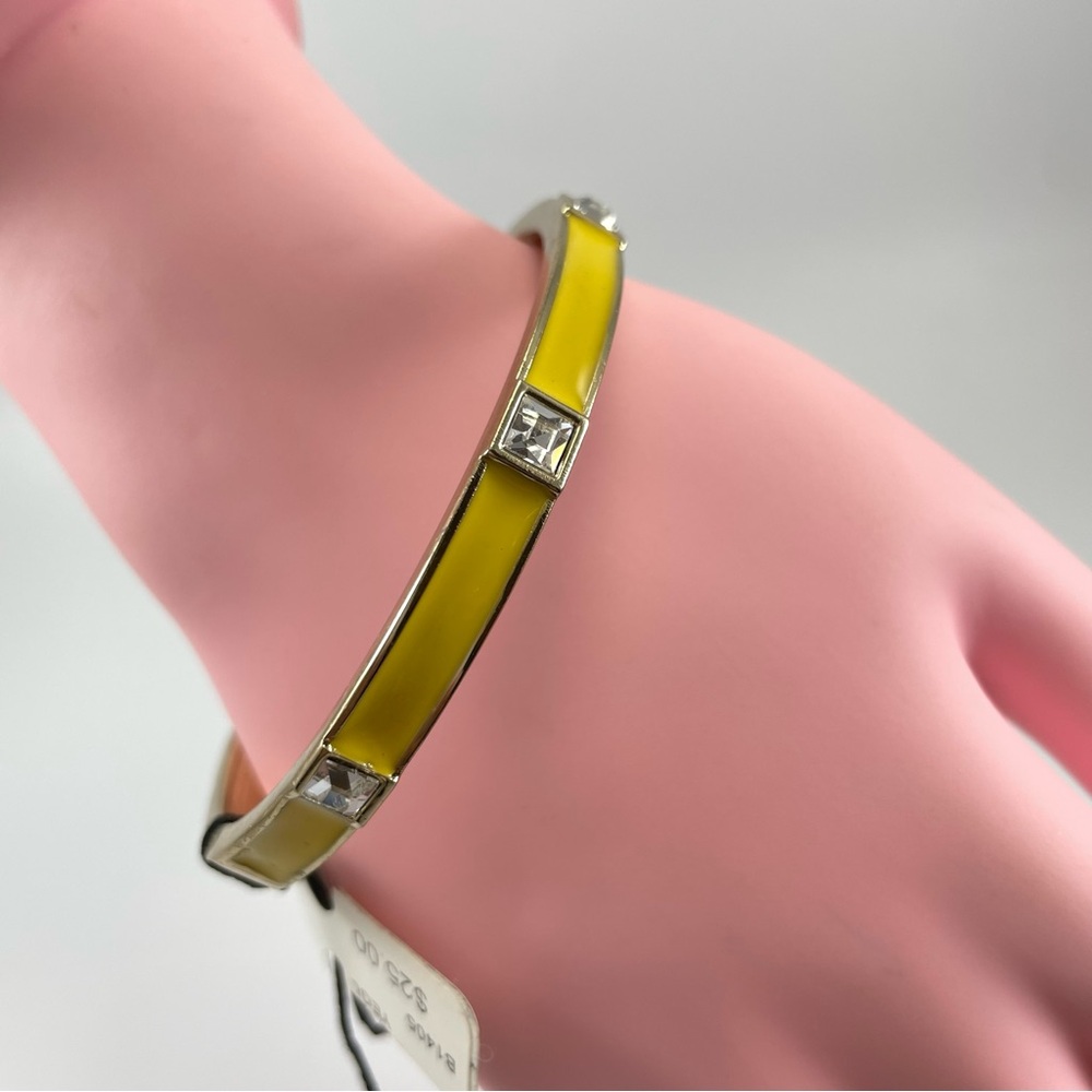 Trendy Unsigned Gold Tone Yellow Enamel White Rhinestone Hinged Bangle Bracelet